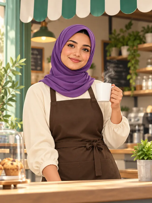 Café owner in a purple hijab and brown apron holding a cup of coffee at her café counter