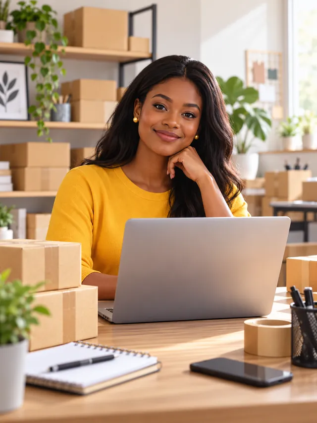 Online seller smiling at her laptop surrounded by parcels ready to ship