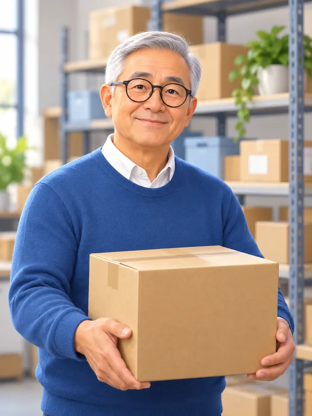 Senior trading company owner with glasses holding a carton box in his warehouse